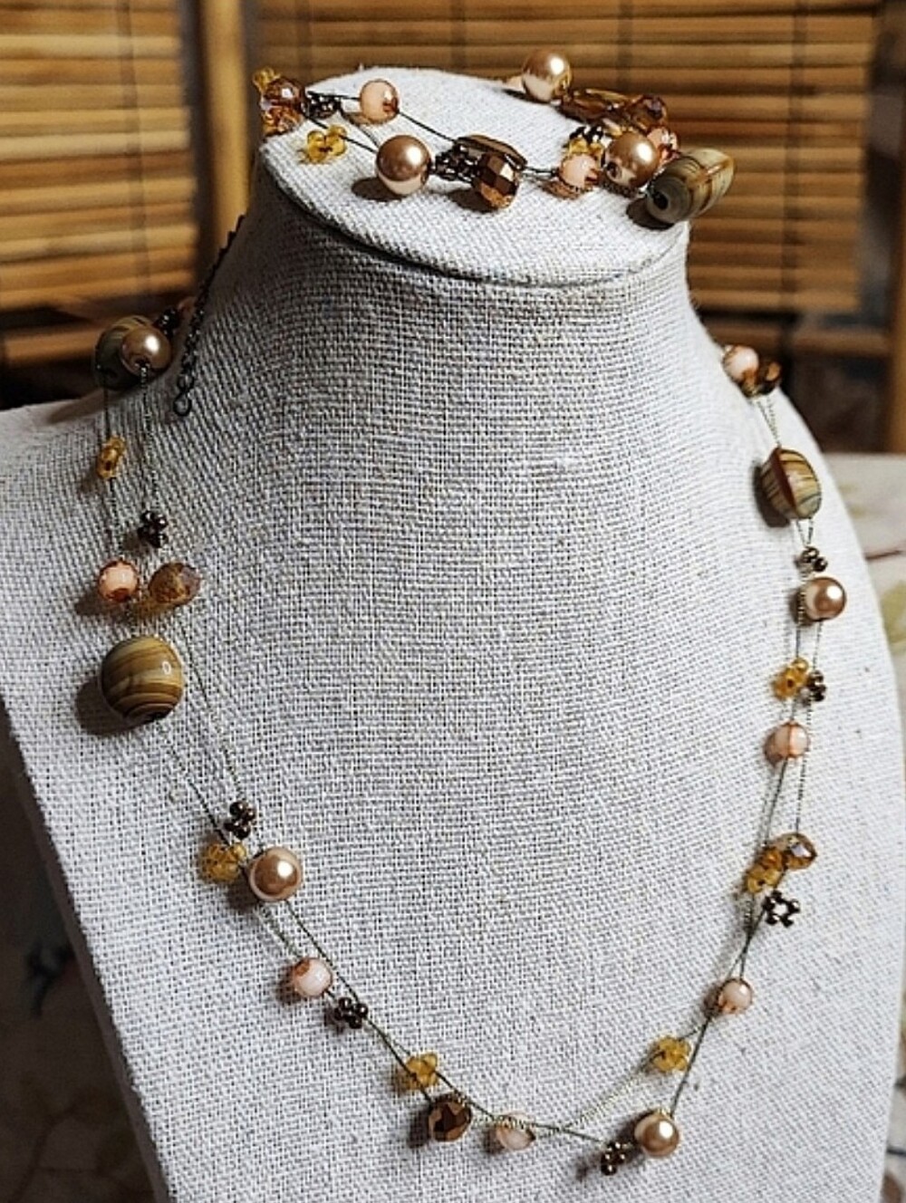 Brown Sage Glass Beads Faux Pearls Chain Ceramic Necklace & Matching Bracelet